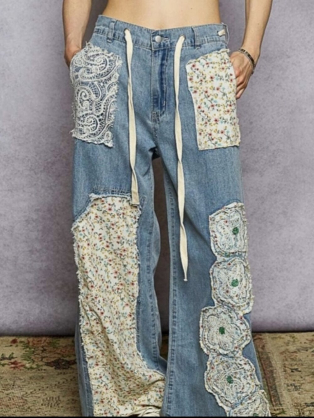 POL Wide Leg Patchwork Jeans in Light Blue with Cream Floral Patches - Picture 3 of 3